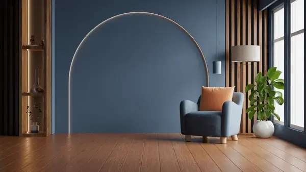 A modern living room with a striking blue accent wall