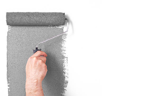 A painter precisely applying a coat of grey paint to a wall with a roller