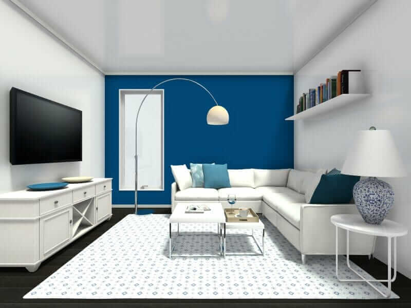 Modern living room with blue accent wall